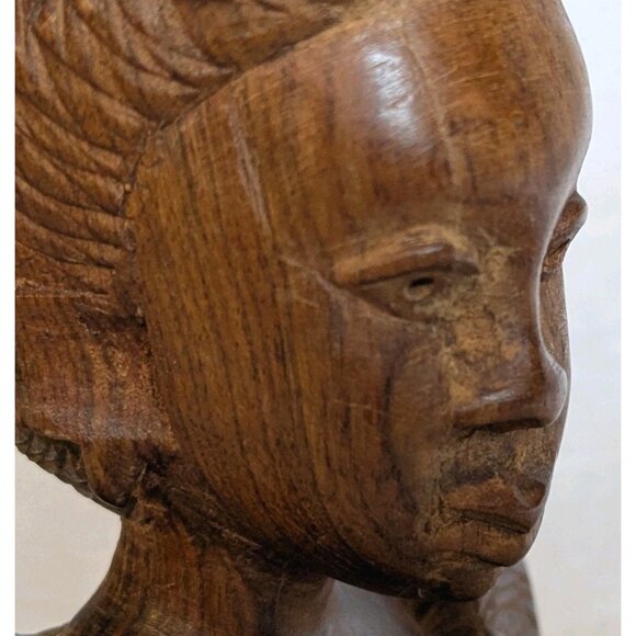 Wooden Handcarved African Statues Head Bust Tribal Man & Woman Pair Folk Art Set - Picture 9 of 16